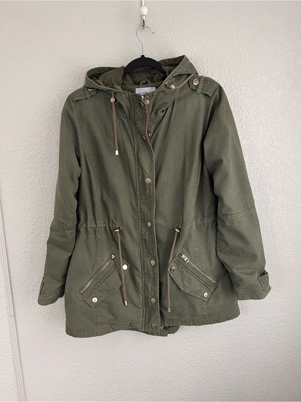 Women's Hooded Olive Utility Jacket with Drawcord Waist
